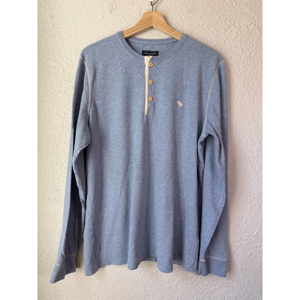 Abercrombie & Fitch Mens XL Blue Heathered Cotton Long Sleeve Henley Shirt Logo